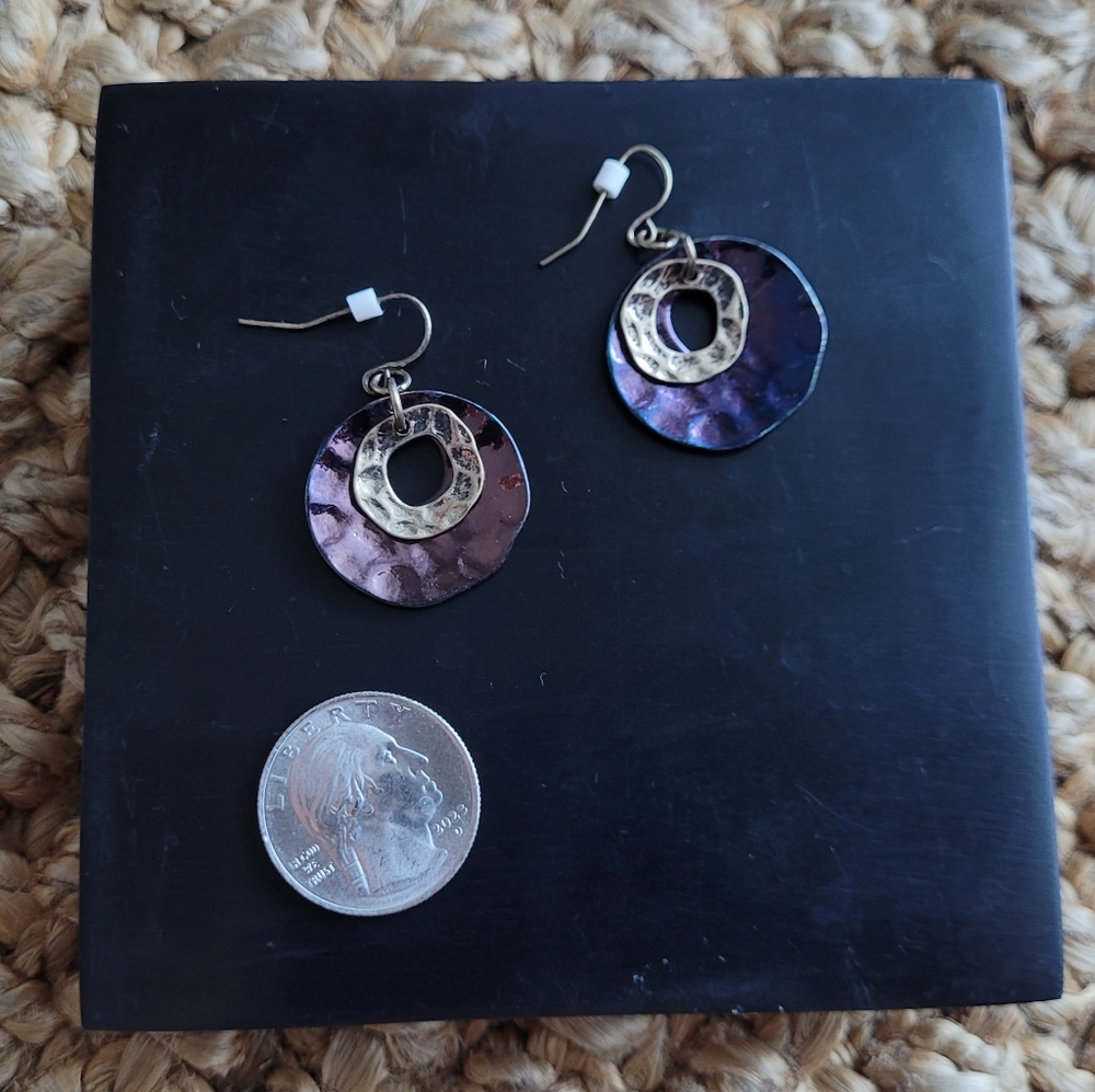 Hammered Metal Layered Hollow Hoops, Eggplant and Bronze